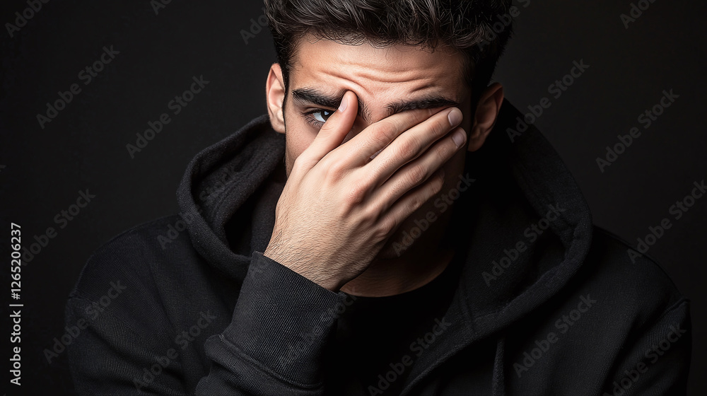 Person Covering Face: An intimate portrait of a young adult shielding their face, eyes peeking through fingers. Dramatic lighting on a dark backdrop evokes mystery. Person Covering Face: An intimate portrait of a young adult shielding their face, eyes peeking through fingers. Dramatic lighting on a dark backdrop evokes mystery.