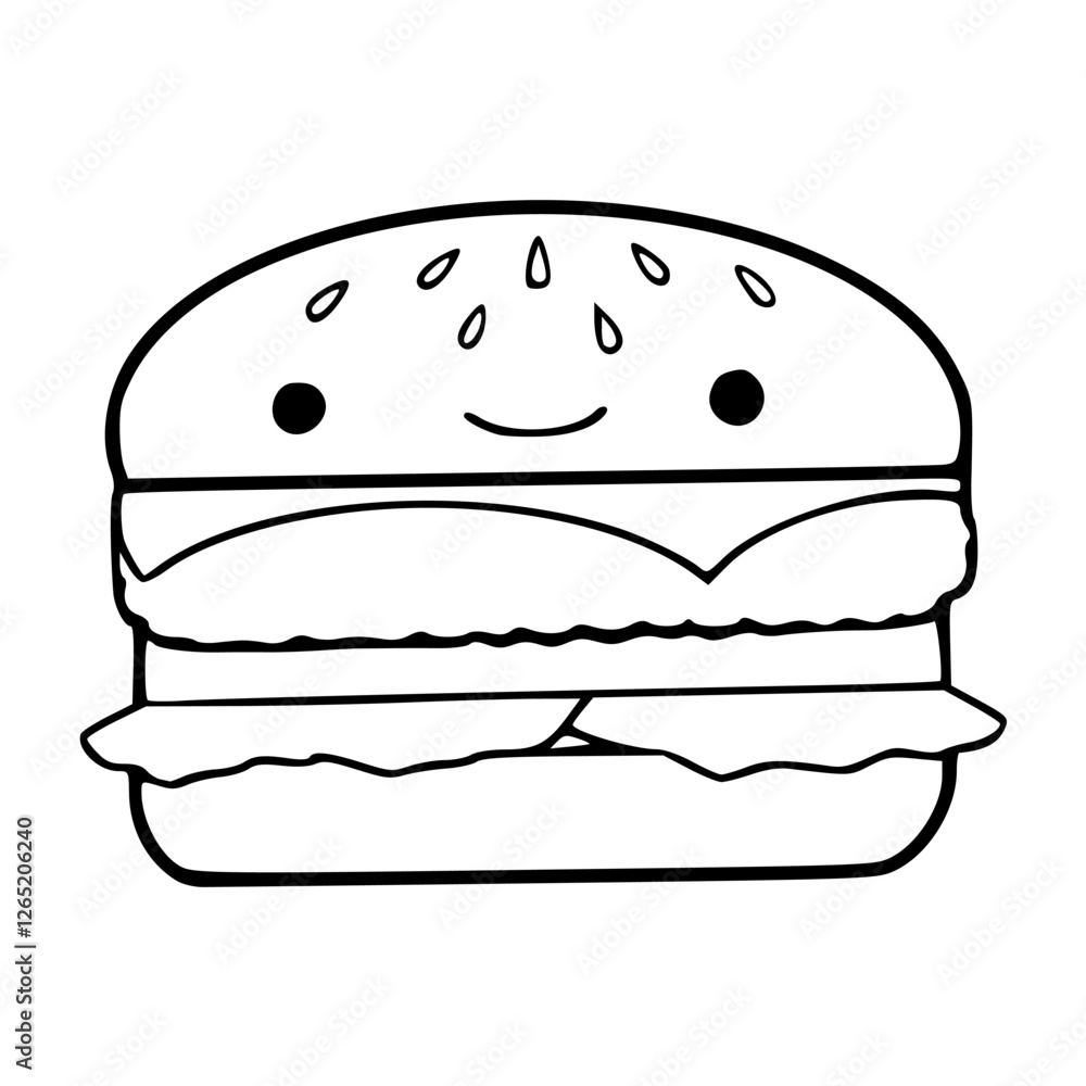 a black and white drawing of a cute smiling burger cartoon for coloring pages a black and white drawing of a cute smiling burger cartoon for coloring pages