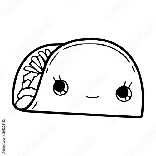 a black and white drawing of a cute smiling tacos cartoon for coloring pages