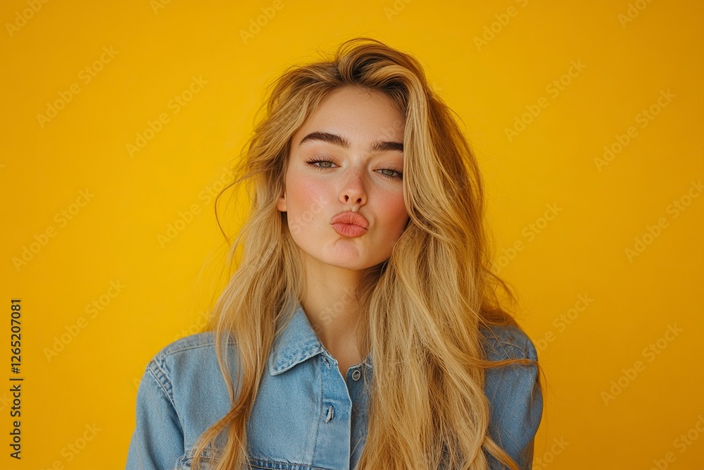 A beautiful woman with long blonde hair pouts her lips, looking to the side against an isolated yellow background. Portrait of a funny girl making a grimace face. 