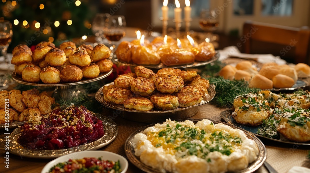 Fototapeta premium A traditional Hanukkah dinner table with latkes, sufganiyot, and other festive foods 