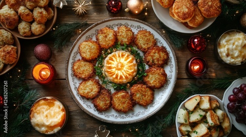 A traditional Hanukkah dinner table with latkes, sufganiyot, and other festive foods  photo