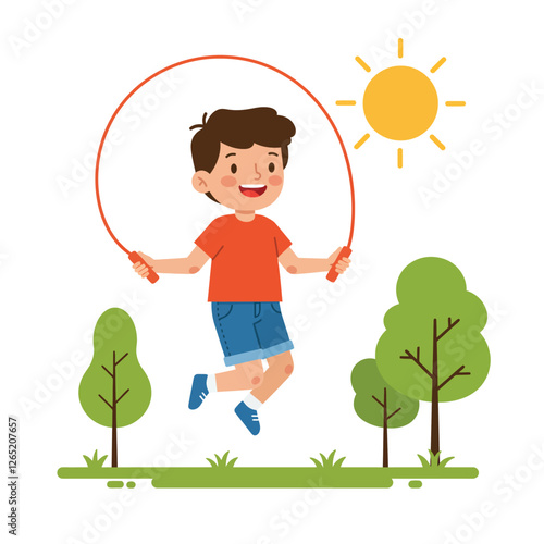 The child leaps joyfully with a jump rope, surrounded by trees and a bright sun.