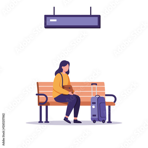 The woman shifts positions while holding her bag, waiting at the transportation station for her journey.