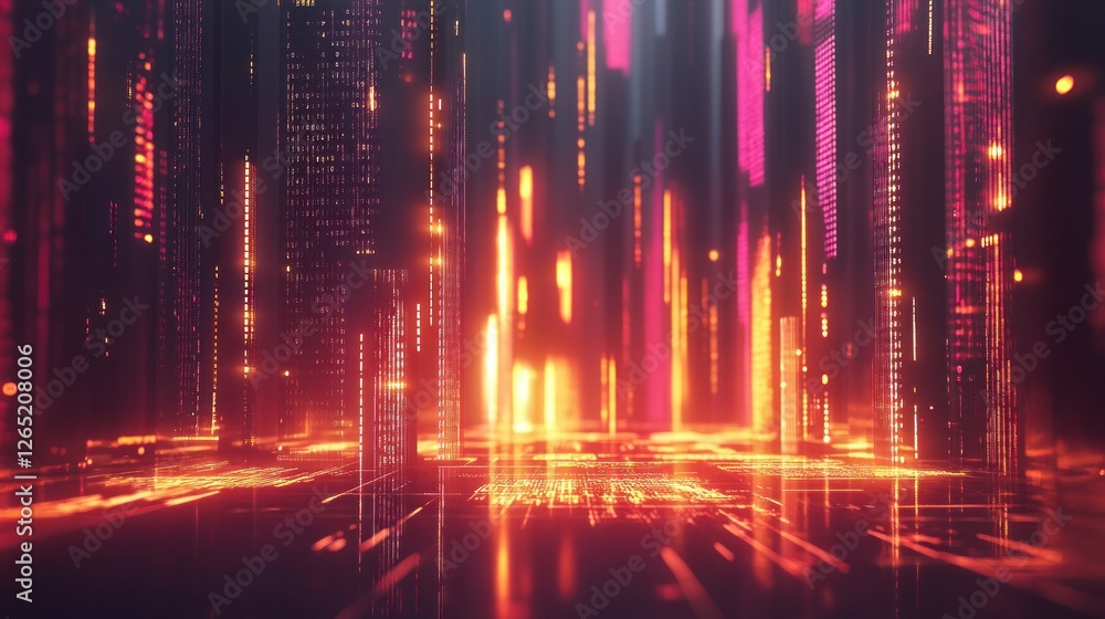 Naklejka premium Abstract Technological Cityscape with Glowing Data Streams and Connections