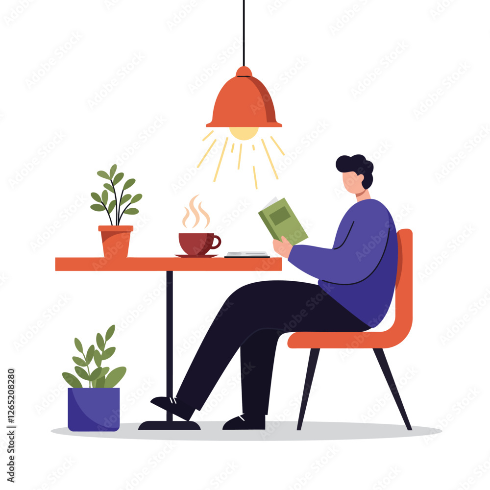 The image shows a person enjoying a book with coffee and plants, highlighting a cozy atmosphere. The image shows a person enjoying a book with coffee and plants, highlighting a cozy atmosphere.