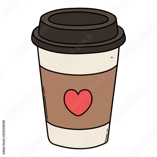 Hand drawn cartoon paper coffee cup with heart on white background.
