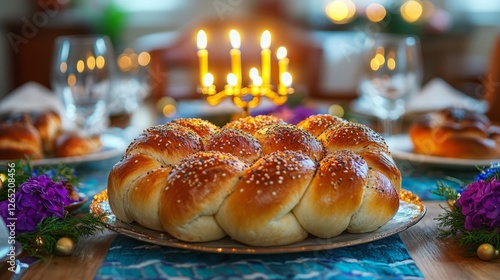 A vibrant Hanukkah table with challah, candles, and menorah in the center 