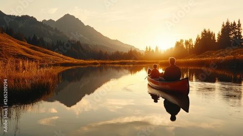Serene Sunset Canoe Journey with Two People on Calm Lake Surrounded by Majestic Mountains and Nature