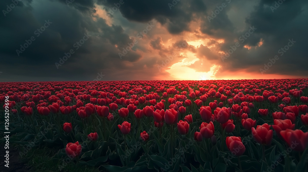 Fototapeta premium Red tulip field with dramatic sunset and storm clouds