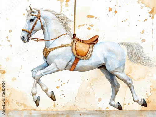 Elegant White Horse in Motion with Saddle on a Textured Background for Artistic and Design Projects