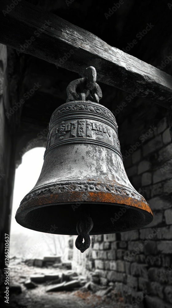 Obraz premium Ancient weathered bell hangs stone ruins.