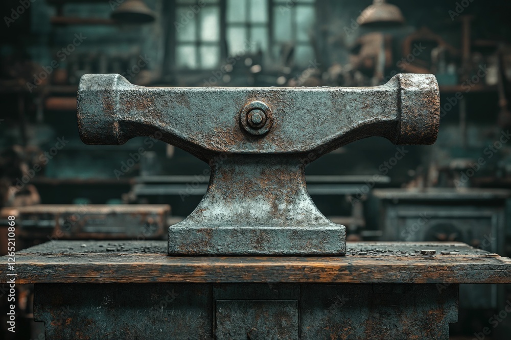 Rusty anvil sits workshop's aged wood Rusty anvil sits workshop's aged wood