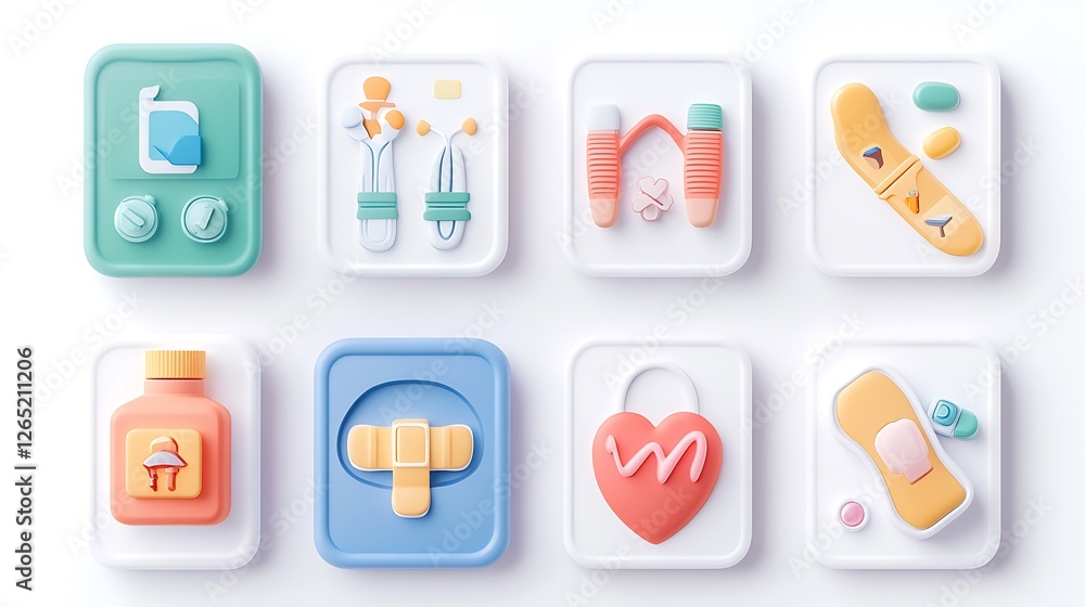 Charming 3D Render of Pastel-Colored First Aid Icons AI Generated Charming 3D Render of Pastel-Colored First Aid Icons AI Generated