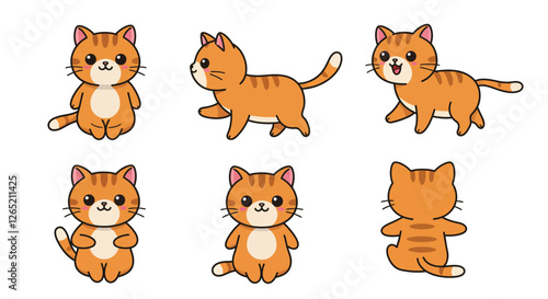 The cat transitions from sitting to playful walking, showcasing lively expressions and movements in each frame.