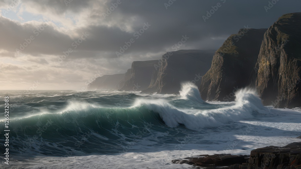 a dramatic coastal scene capturing waves crashing against rugged cliffs under moody skies a dramatic coastal scene capturing waves crashing against rugged cliffs under moody skies