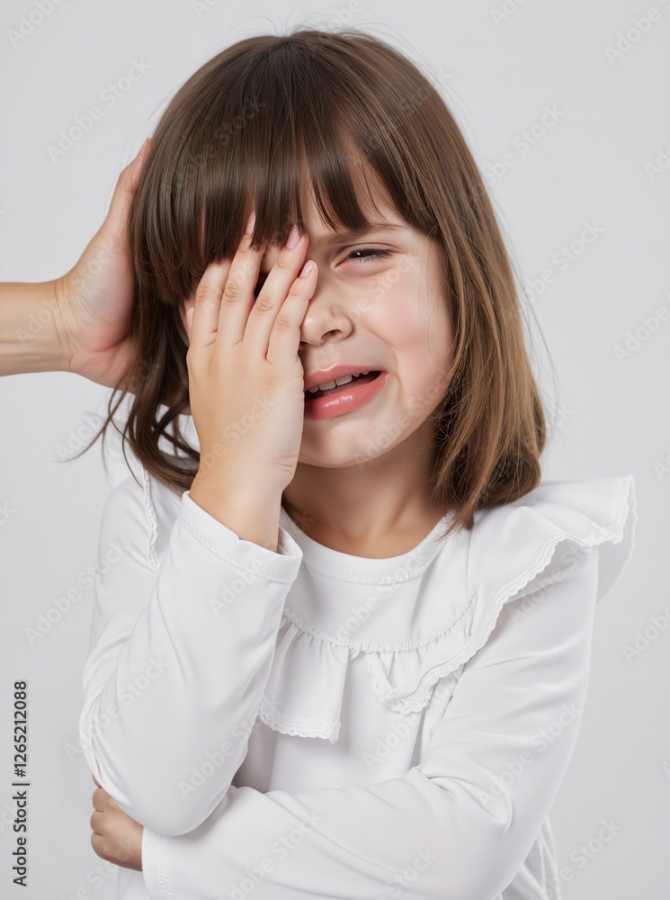 Crying Young Girl Covering Eye with Hand While Being Comforted Crying Young Girl Covering Eye with Hand While Being Comforted