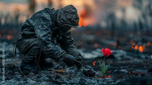 Post-apocalyptic man in hazmat suit picks live red flower