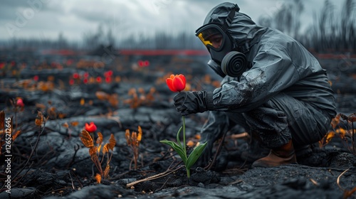 Post-apocalyptic man in hazmat suit picks live red flower