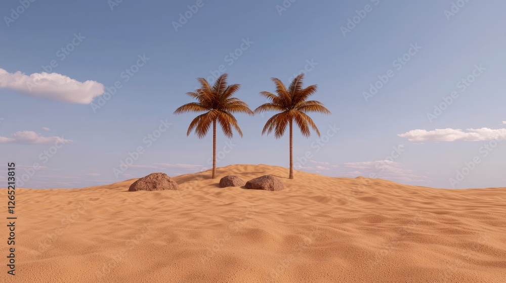 Two Palm Trees On A Sand Dune Under A Blue Sky