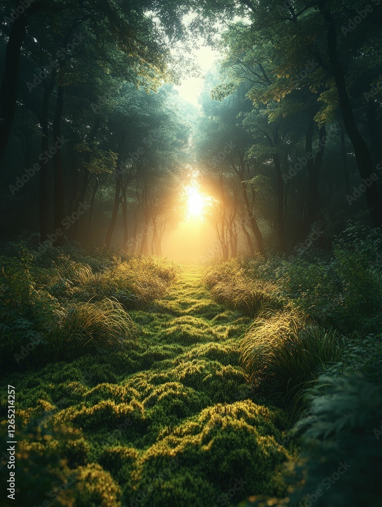 Fototapeta premium Sunlit forest path, mossy ground, tranquil scene
