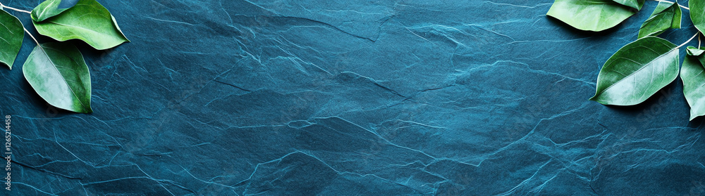 Obraz premium textured teal background with green leaves creates serene and natural atmosphere, perfect for design projects or presentations