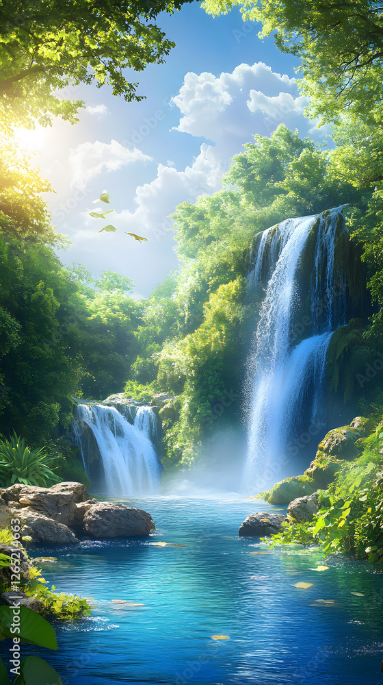 Fototapeta premium Beautiful nature landscape with a blue lake and green forest, with picturesque waterfalls 