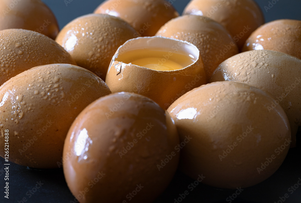 View of Egg yolk in Broken raw chicken eggshell in the among of Fresh chicken egg (Hen egg) on dark background. Natural organic fresh eggs for healthy food, use it as your Space for text, Design.