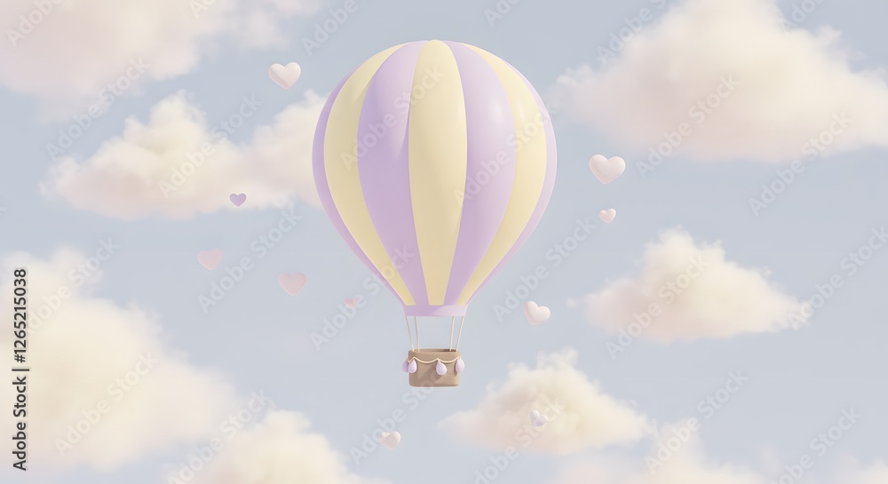 Hot Air Balloon with Hearts Floating in Soft Pastel Sky Hot Air Balloon with Hearts Floating in Soft Pastel Sky
