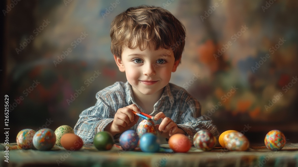 Fototapeta premium Cute little boy painting Easter eggs. Happy child with Easter eggs
