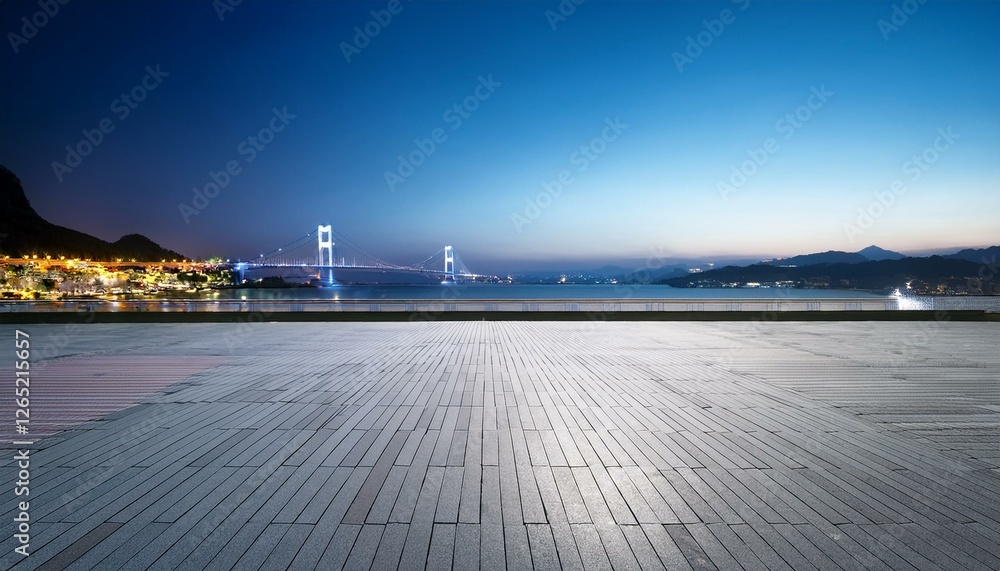 empty square floor and bridge with coastline scenery at night empty square floor and bridge with coastline scenery at night