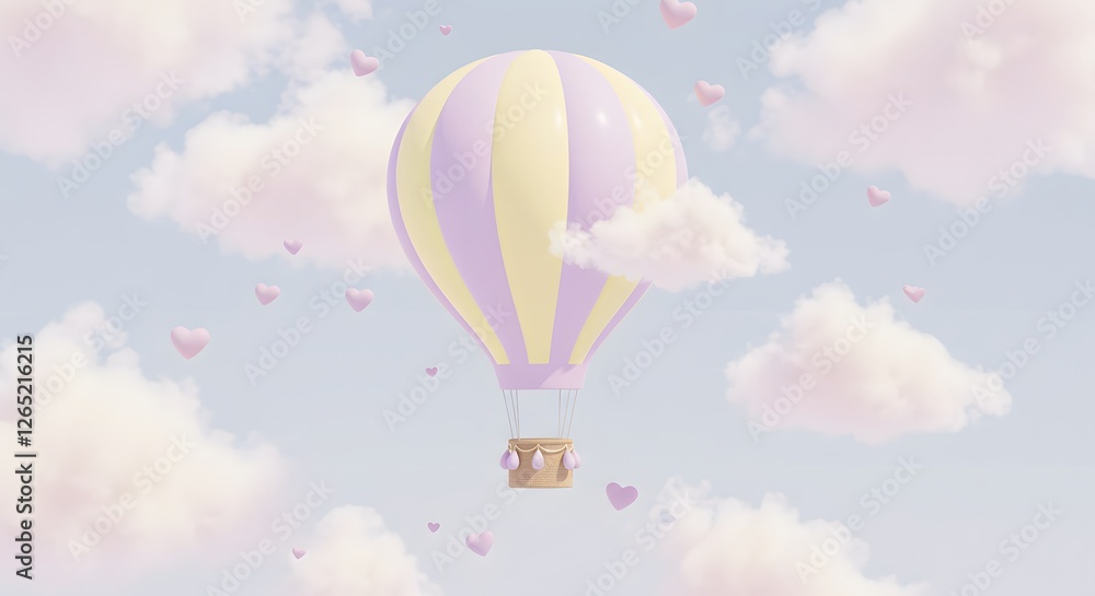 Obraz premium Hot Air Balloon Flying in a Pastel Sky with Floating Hearts