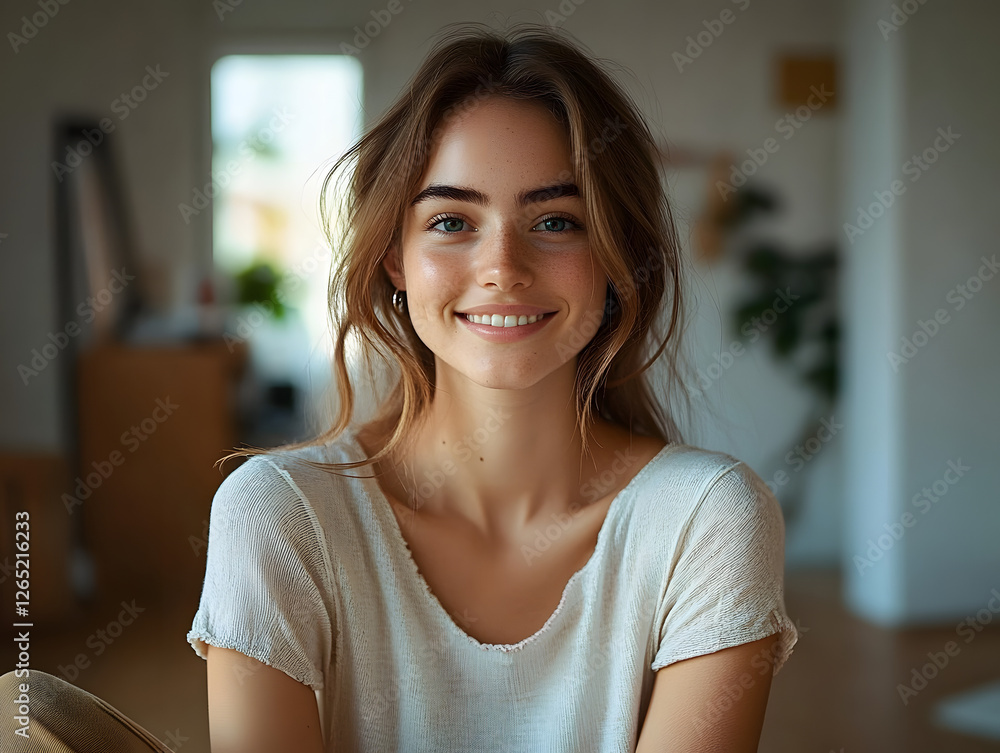 Mujer joven sonriente en su nuevo apartamento Mujer joven sonriente en su nuevo apartamento