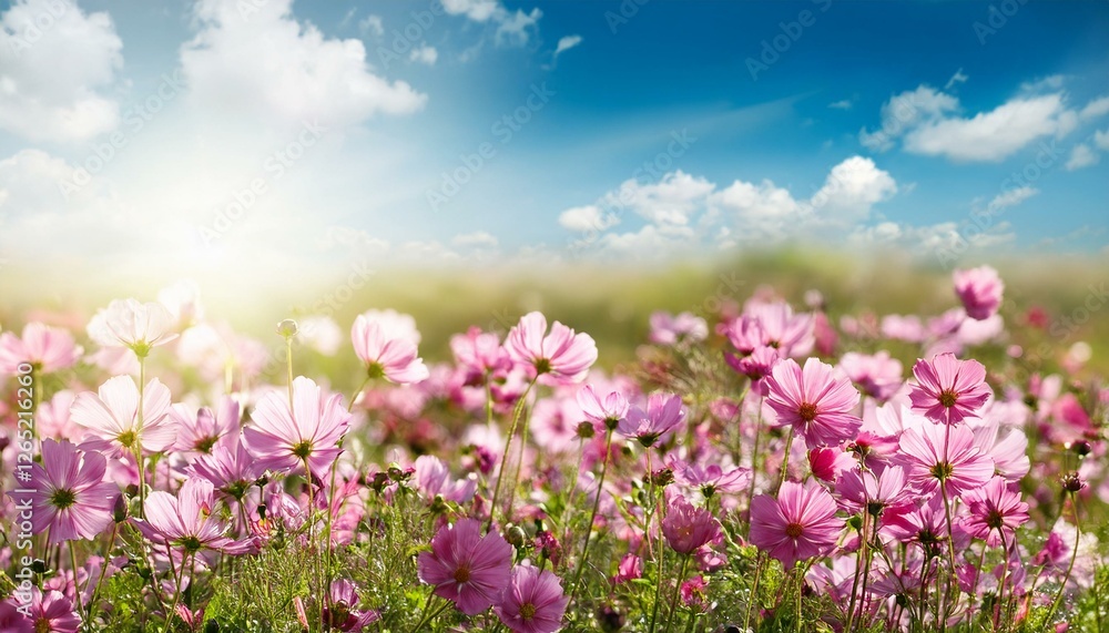 blurred nature background with pink flowers field and sunny sky banner blurred nature background with pink flowers field and sunny sky banner
