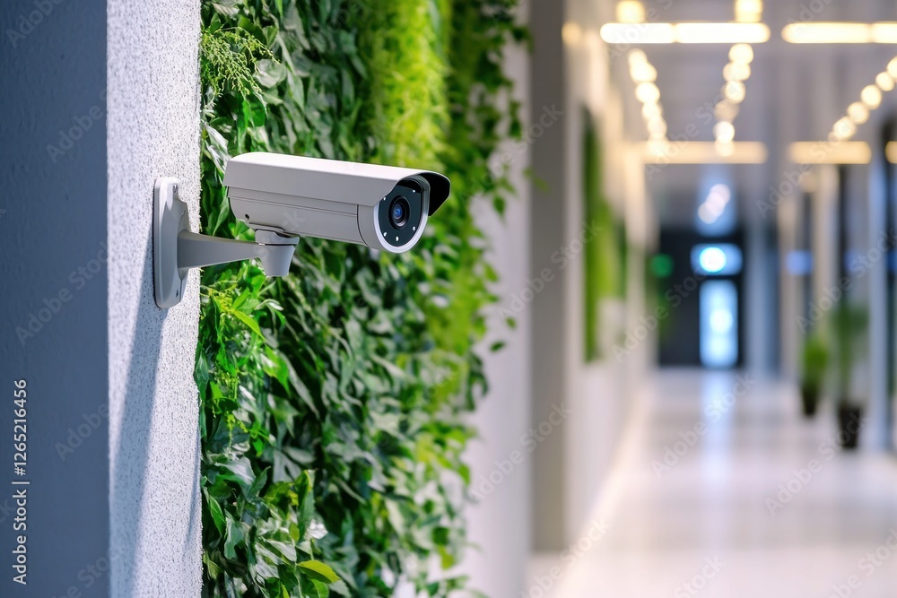Modern Security Camera in a Green Office Corridor Modern Security Camera in a Green Office Corridor