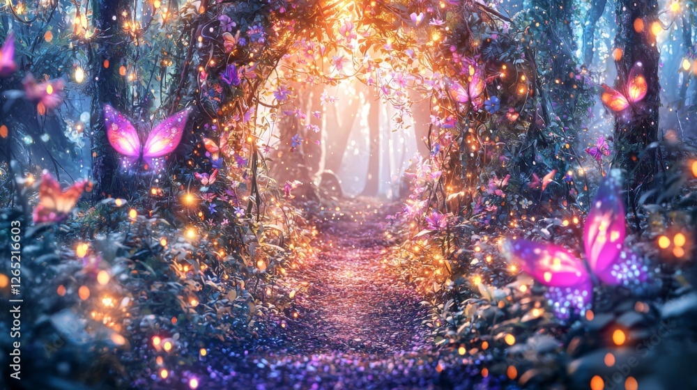 Fototapeta premium Enchanted Forest Pathway with Colorful Butterflies and Soft Glow of Light Creating a Dreamy Atmosphere in Nature