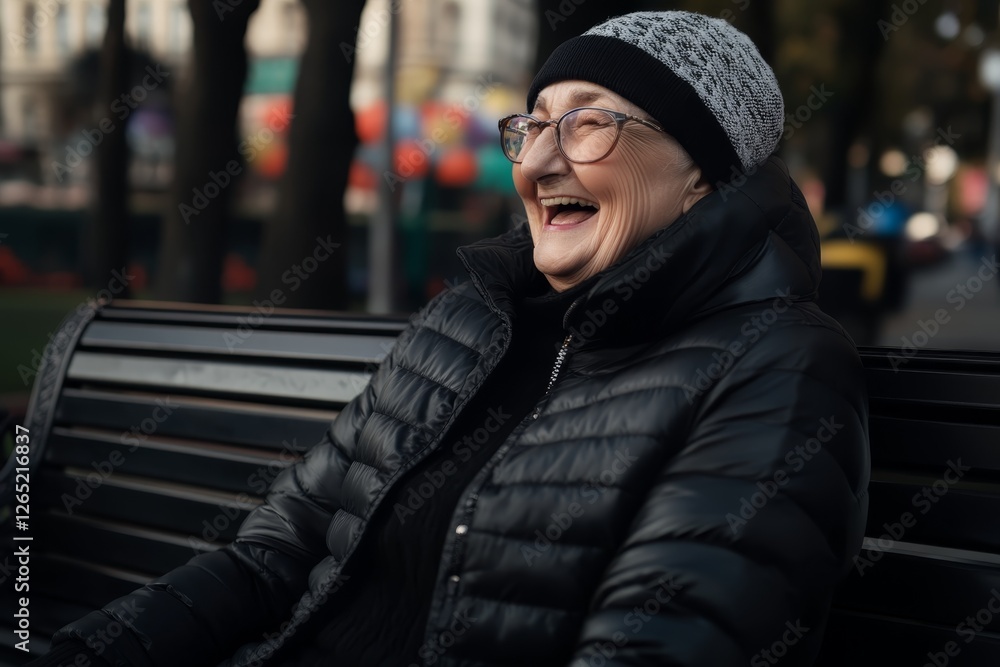 Elderly woman laughing joyfully while sitting on a park bench during a sunny autumn day in a city park Elderly woman laughing joyfully while sitting on a park bench during a sunny autumn day in a city park