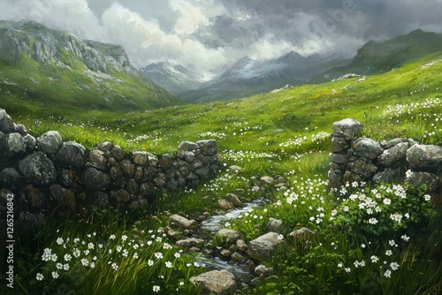 A beautiful painting of the green, grassy hills with stone walls, a small stream running through it, and white flowers growing in between the stones. 