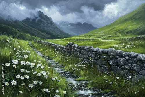 A beautiful painting of the green, grassy hills with stone walls, a small stream running through it, and white flowers growing in between the stones. 