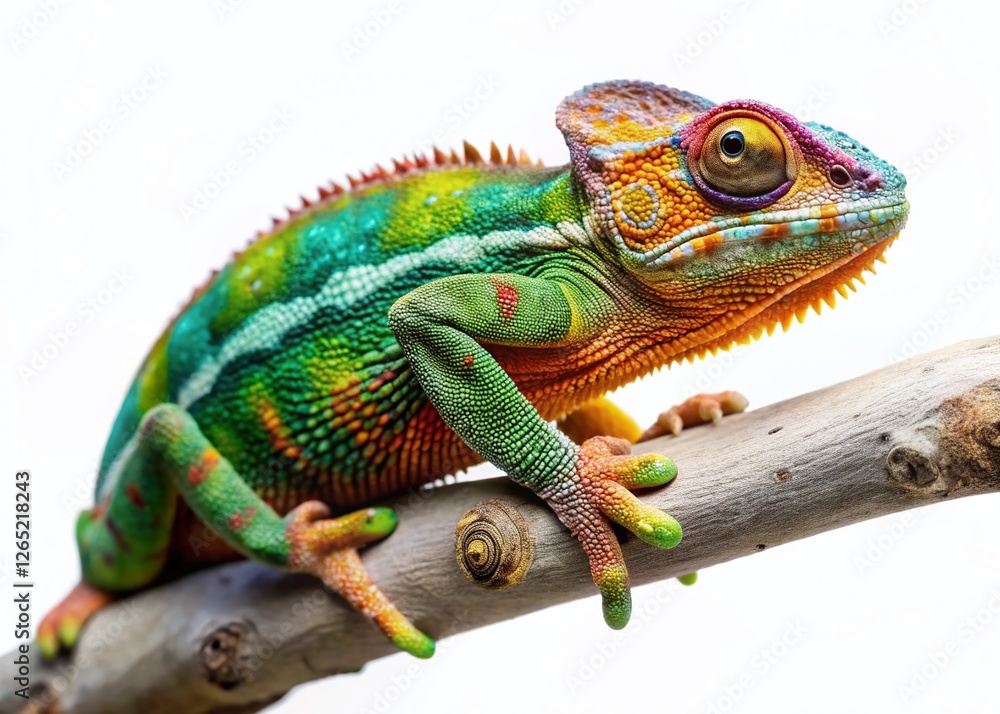 Obraz premium Veiled Chameleon on Branch: Stunning Reptile Portrait, Isolated White Background