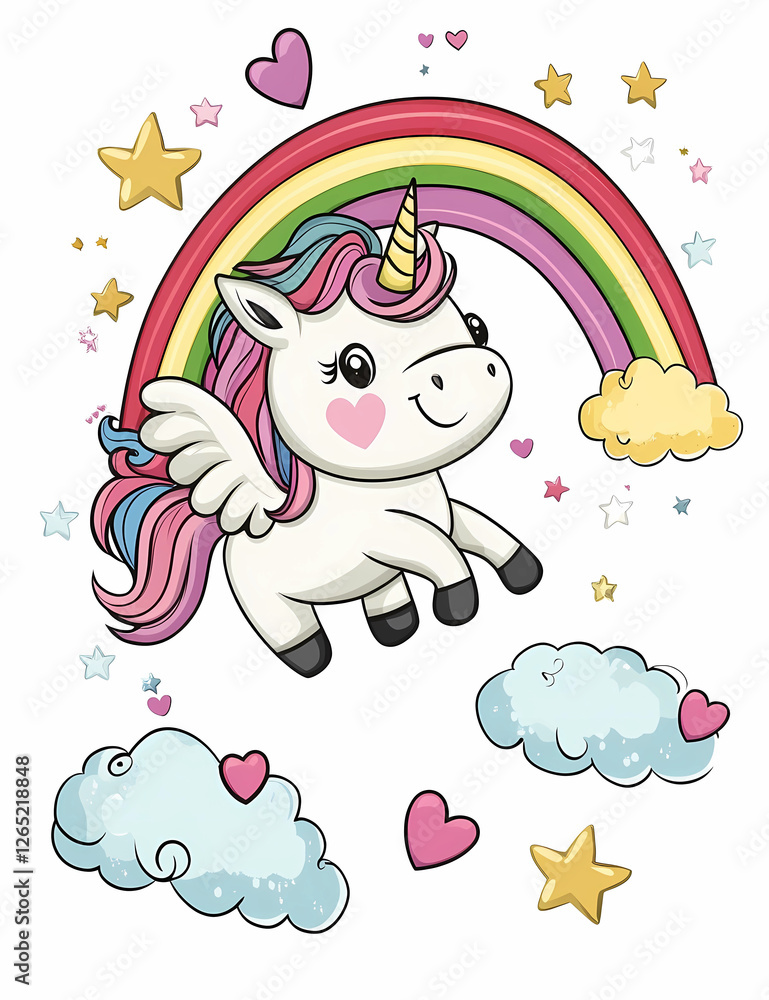 A unicorn is flying through a rainbow with stars and hearts A unicorn is flying through a rainbow with stars and hearts