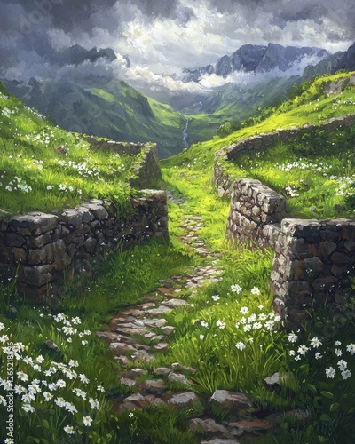 A beautiful painting of the green, grassy hills with stone walls, a small stream running through it, and white flowers growing in between the stones. 