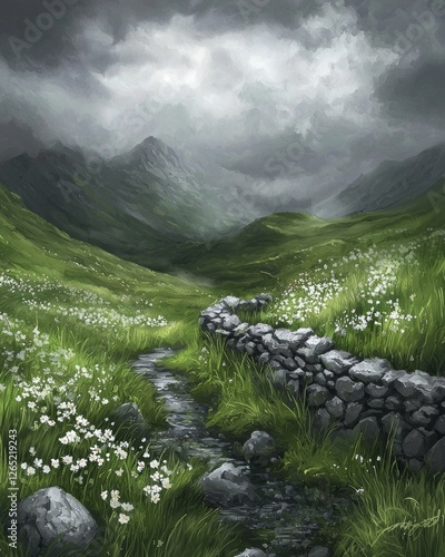 A beautiful painting of the green, grassy hills with stone walls, a small stream running through it, and white flowers growing in between the stones. 
