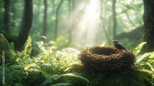Bird in nest, sunlit forest, serene nature scene, tranquil, ideal for nature-themed backgrounds
