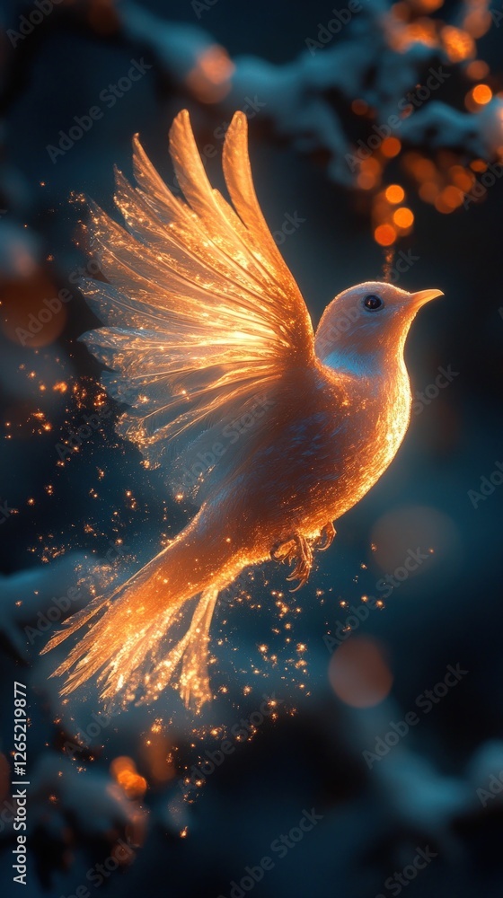 Fototapeta premium Golden bird in flight, magical sparks trail.