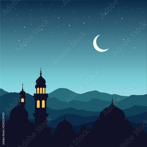 cartoon illustration night mosque scenery vector design