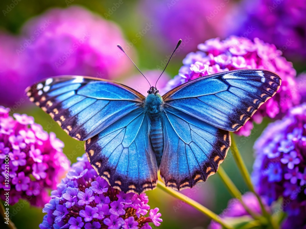 Fototapeta premium Vibrant Blue Butterfly on Purple Flowers - Nature's Graceful Beauty