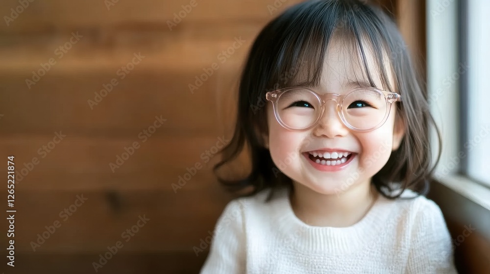 A joyful young girl with glasses smiles brightly, sitting by a window with a warm wooden backdrop. A joyful young girl with glasses smiles brightly, sitting by a window with a warm wooden backdrop.
