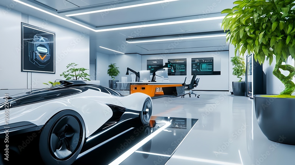 Fototapeta premium Futuristic Office with Electric Sports Car - Futuristic Design