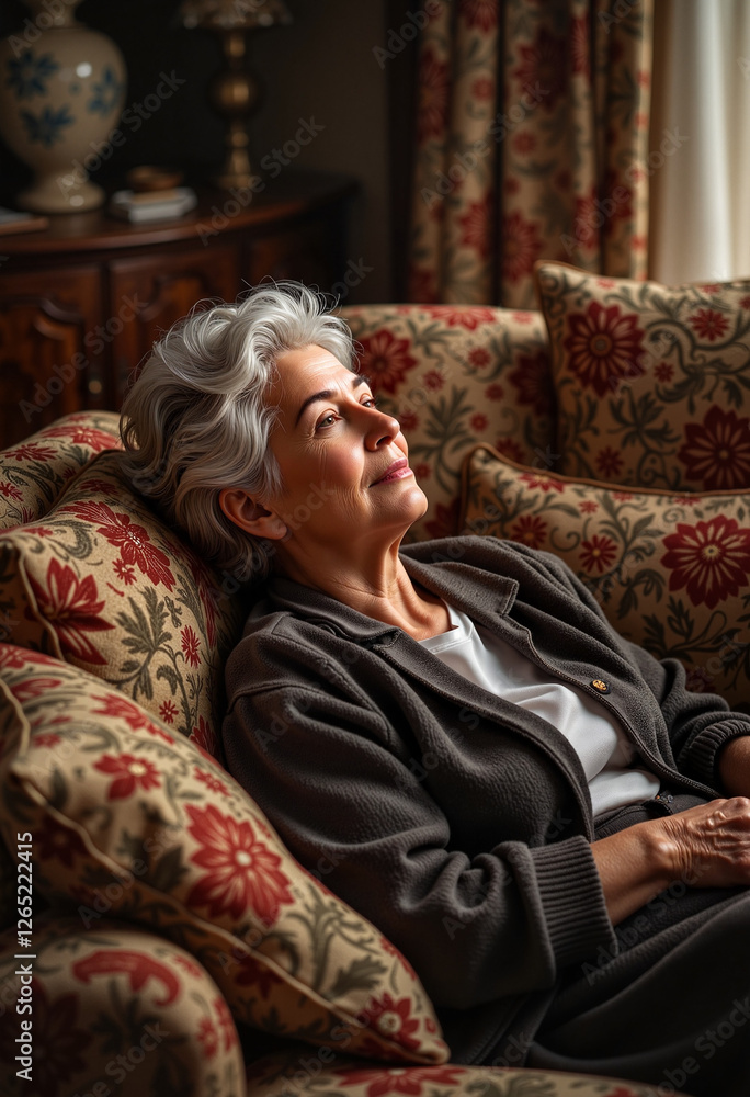 Obraz premium Reflective elderly Middle Eastern woman relaxing on ornate sofa, cultural warmth